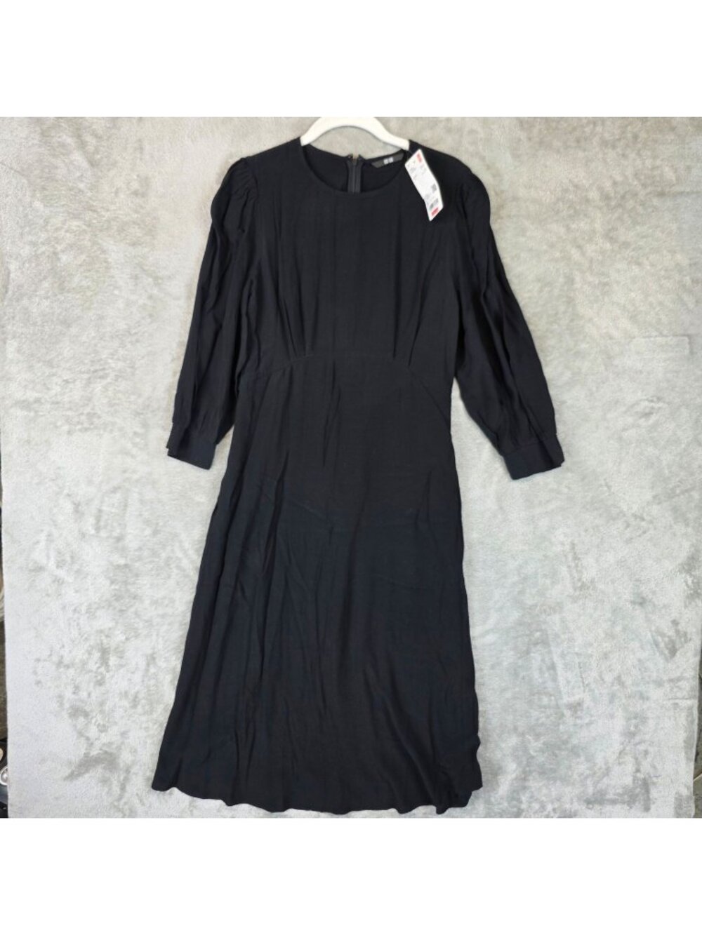 Uniqlo Dress Womens S Black 3/4 Sleeve Fit & Flare Belted Midi Rayon Workwear